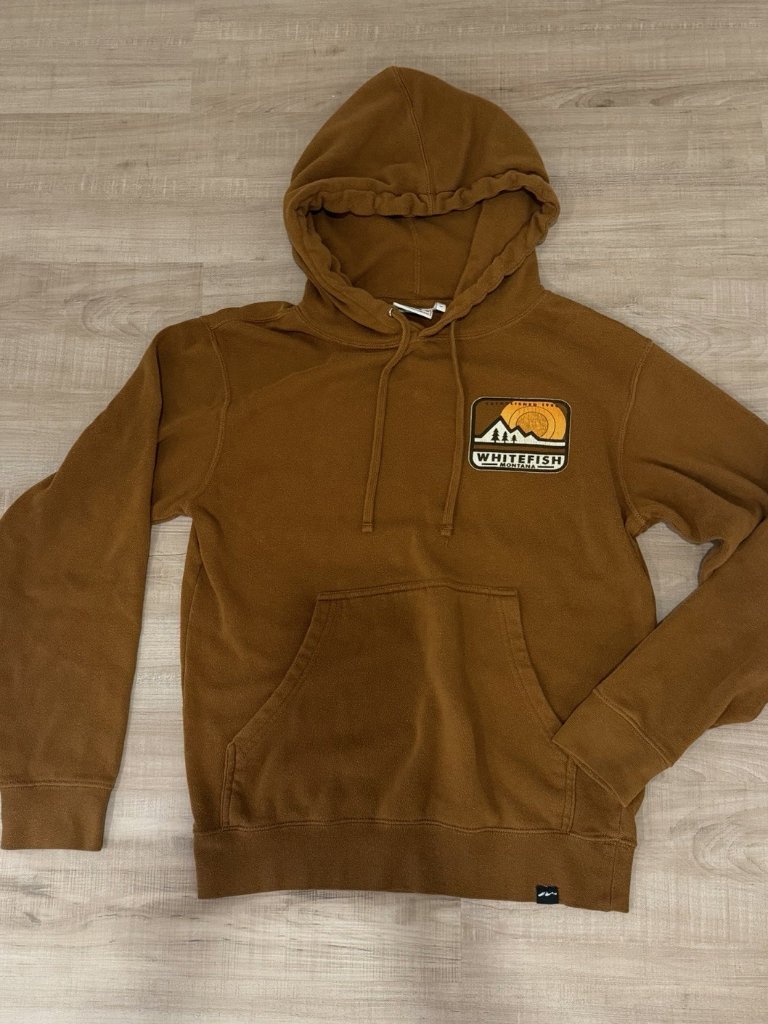 Techstyles Whitefish Montana Retro Mountain Graphic Brown Hoodie Sz Sm